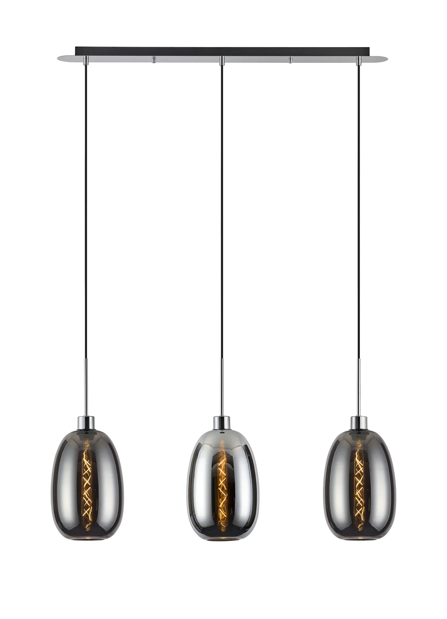 DK1302  Lori Linear Pendant, 3 Light Adjustable E27, Polished Chrome/Chrome/Smoke Slim Curved Trapezium Shades